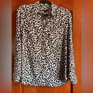 Talbots Cream Leopard Print Button Down Shirt with Notched Collar